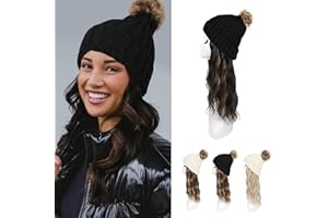HOOJIH Knitted Beanie Wig, Hat Hair Extension Long Wavy Curly Black Hat Wig with Faux Fur Pom Attached 12 Inch Synthetic Hairpiece for Women Girls Winter - Black Brown with Highlights