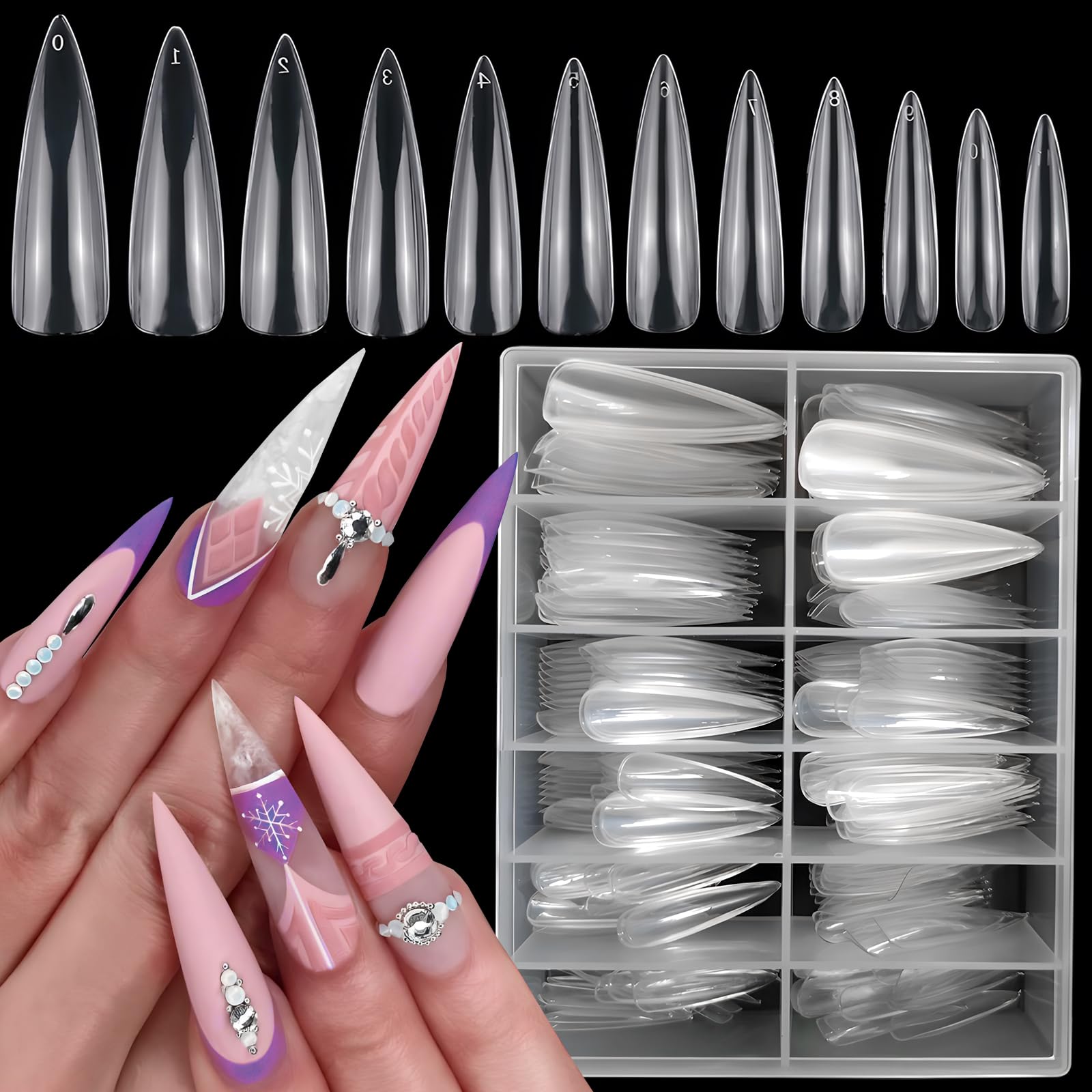 LoveOurHome 240pc Long Stiletto Nail Tips XL Clear Acrylic False Nails Pointy Stiletto Artificial Fake Nail Art Tips Full Cover 12 Size Manicure DIY Fingernails Design Nail Decor for Women Girls