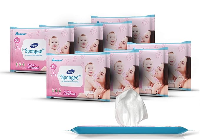Dignity Spongee Baby Wet Wipes, 150 x 200 mm, 30 Wipes/Pack (Pack of 9, 270 Wipes)