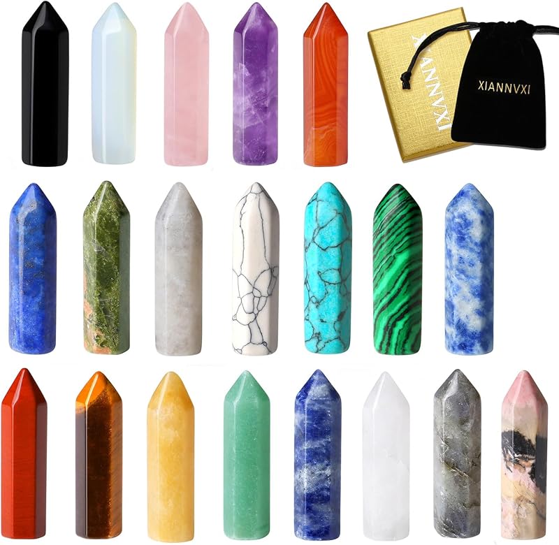 XIANNVXI 20 Pcs Healing Crystals Set Pointed Wands Assorted Stones, Gift Box