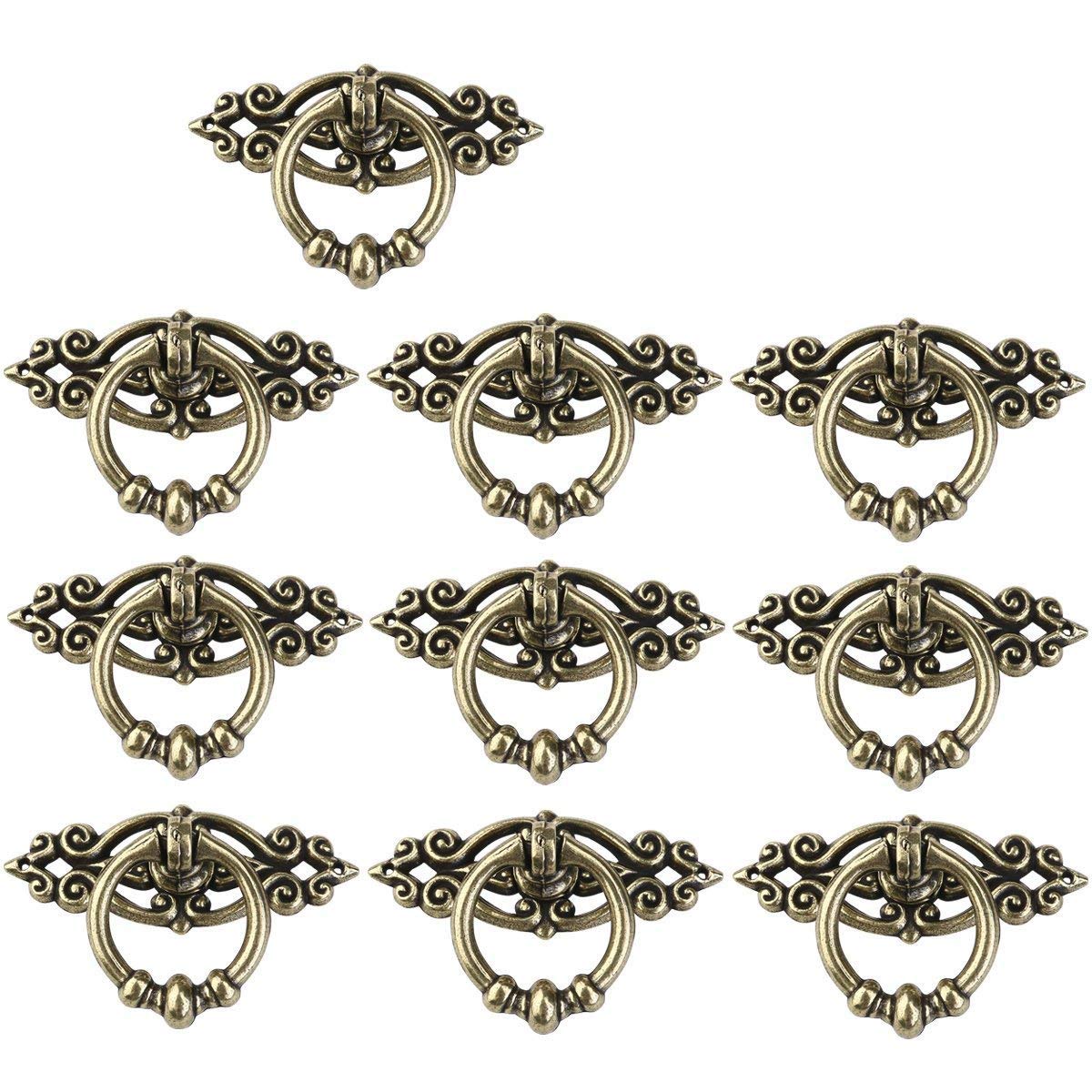 NUOLUX 10pcs Vintage Kitchen Cabinet Cupboard Dresser Door Drawer Ring Pull Handles Knobs (Antique Brass)