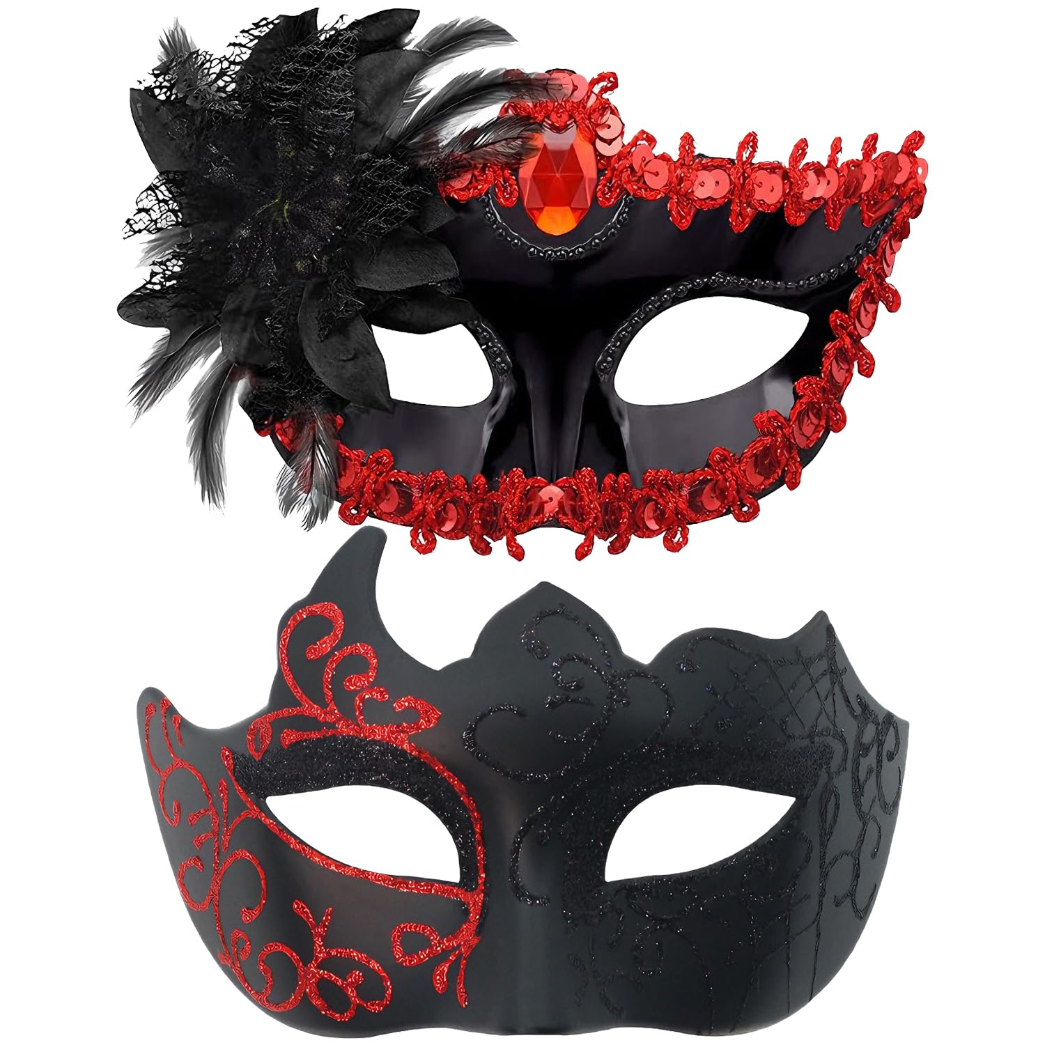 YRPACFB Couple Masquerade Masks Set, Venetian Party Mask, Halloween Costume Masks, Carnival Mardi Gras Costume Party Dress-Up Accessories for Men and Women -2PCS οΌRedοΌ