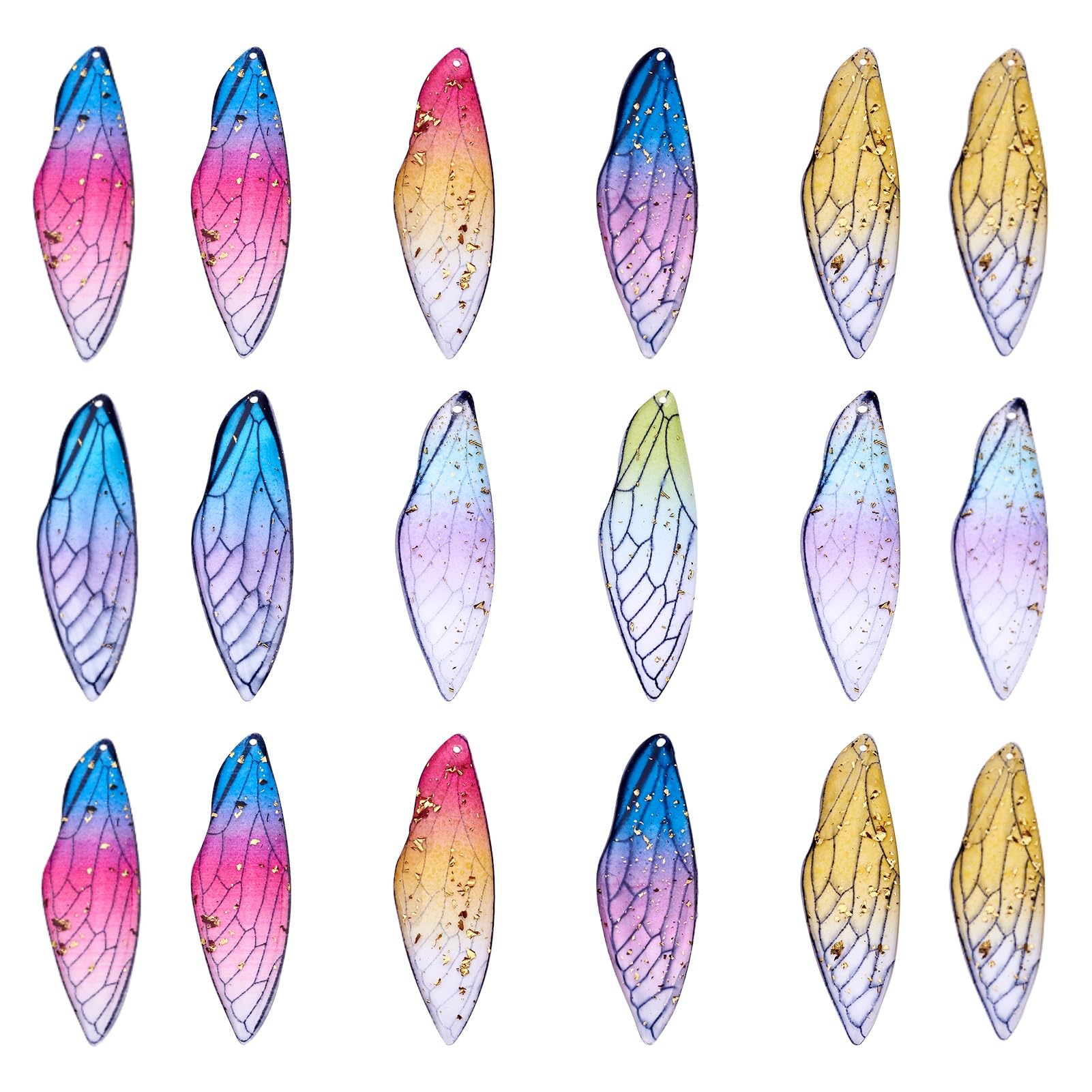 Spritewelry 50Pcs Butterfly Wing Charms Transparent Resin Insects Pendants Multi Colors Dragonfly Wing Feather Drop Charms with Gold Foil for Jewelry Making Crafts