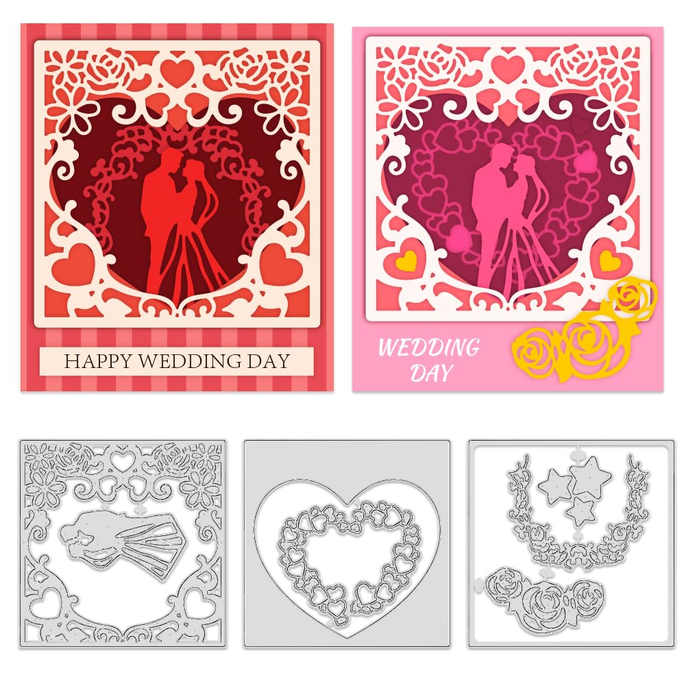 INFUNLY 3PCS Love Heart Die Cuts for Card Making Love Frame Metal Cutting Dies Wedding Bride Die Cuts Rose Flower Die Cuts Square Corner Cutting Dies for DIY Scrapbooking Wedding Photo Album Decor