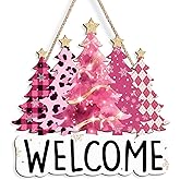 Wooden Christmas Wreaths for Front Door Decorations, Merry Christmas Wall Sign Pink Buffalo Plaid Welcome Hanging for Home Wa