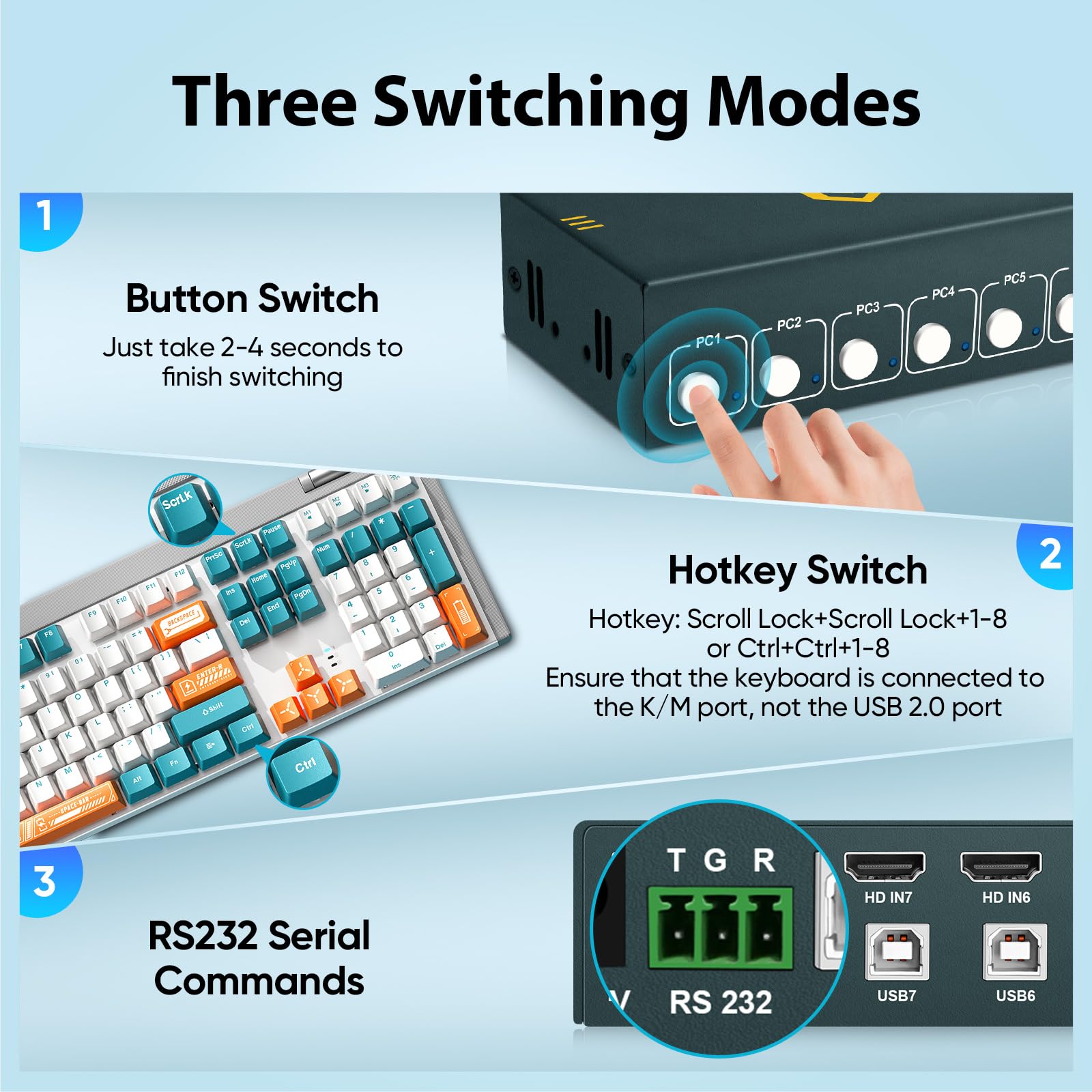 8 Ports HDMI KVM Switch, 8 Computers Share 1 Monitor Keyboard and Mouse, USB2.0 4K@30HZ 8 in 1 Out Monitor Switch with Hotkeys, Adaptive EDID