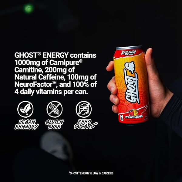 GHOST ENERGY DRINK – 12-PACK, STRAWBANGO, 16OZ – ENERGY & FOCUS & NO ARTIFICIAL COLORS – 200MG OF NATURAL CAFFEINE, L-CARNITINE & TAURINE – GLUTEN-FREE & VEGAN
