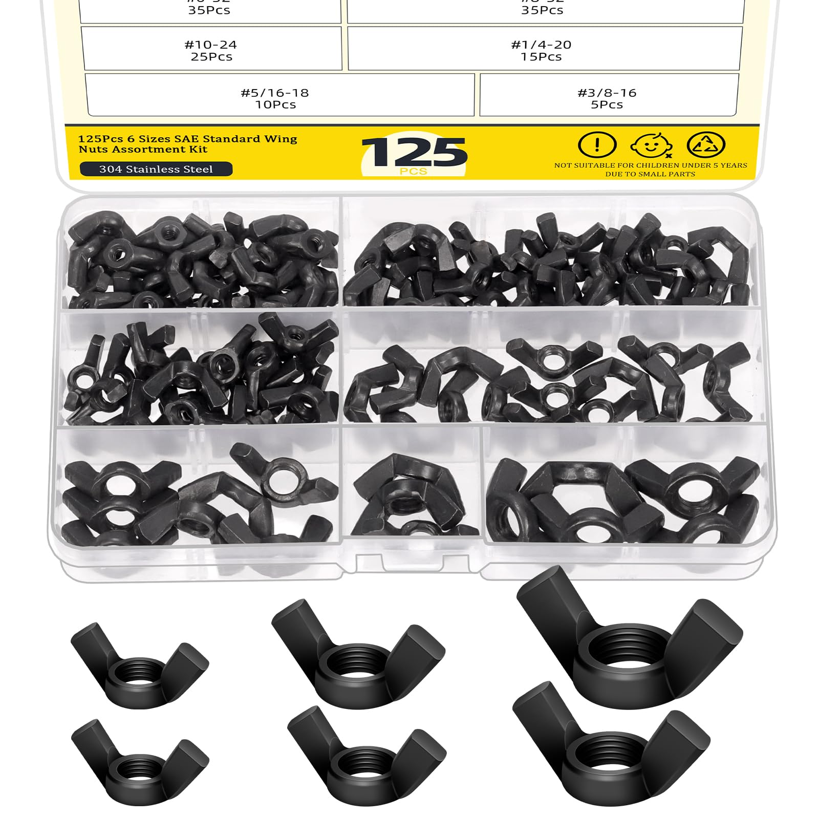 Mardatt Wing Nuts Assortment Kit, Assorted Sizes Carbon Steel Butterfly Wing Nuts Wing Fasteners Butterfly Nut (SAE)-3/8”-16, 5/16”-18, 1/4”-20, #10-24, #8-32, #6-32