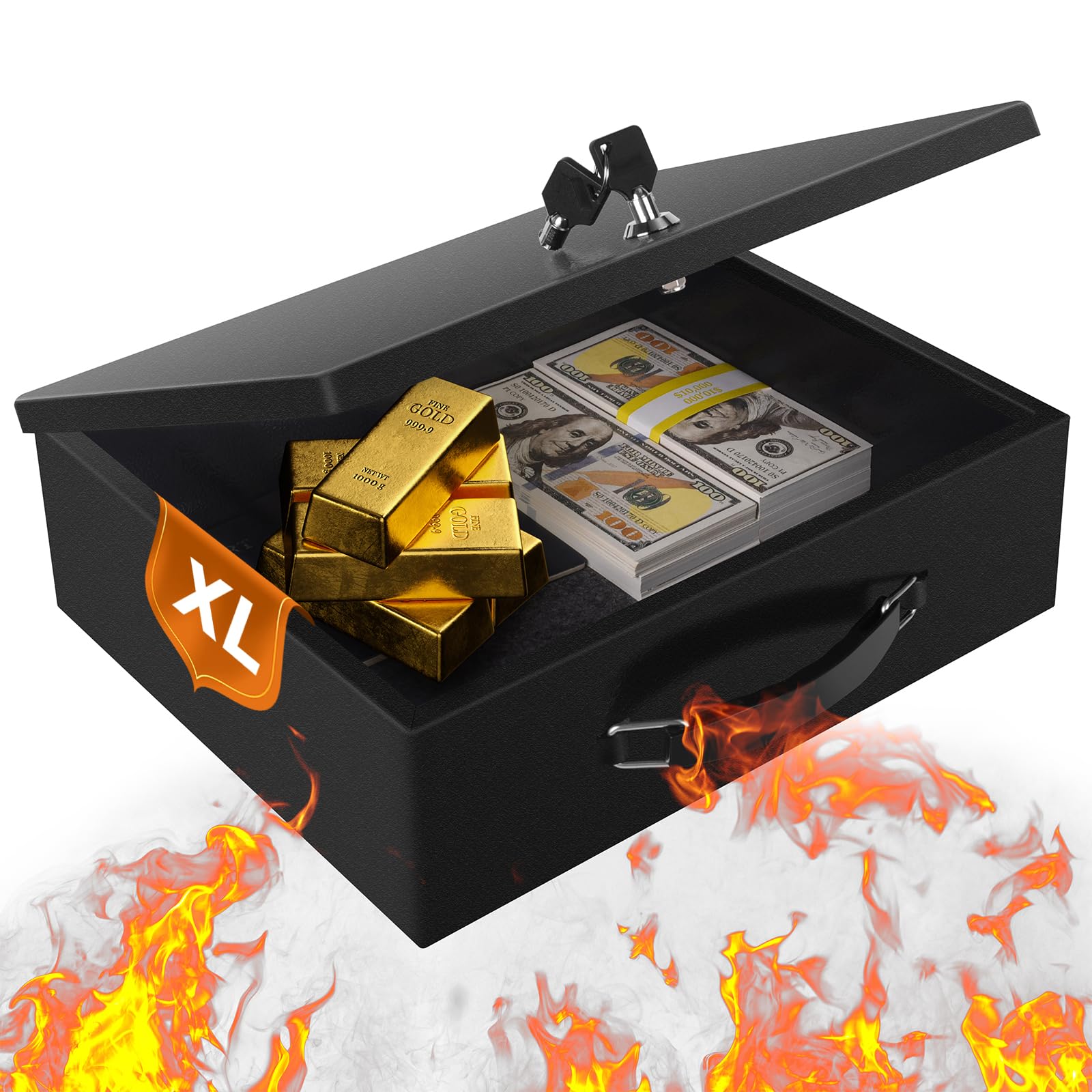 Photo 1 of Fireproof Document Box,X Large Fire Resistant Safe Box with Key Lock for Home, Portable Fireproof Lock Box for Personal Items, Passport, Cash, Tablet, Exterior 13.2" x 11" x 4.13"