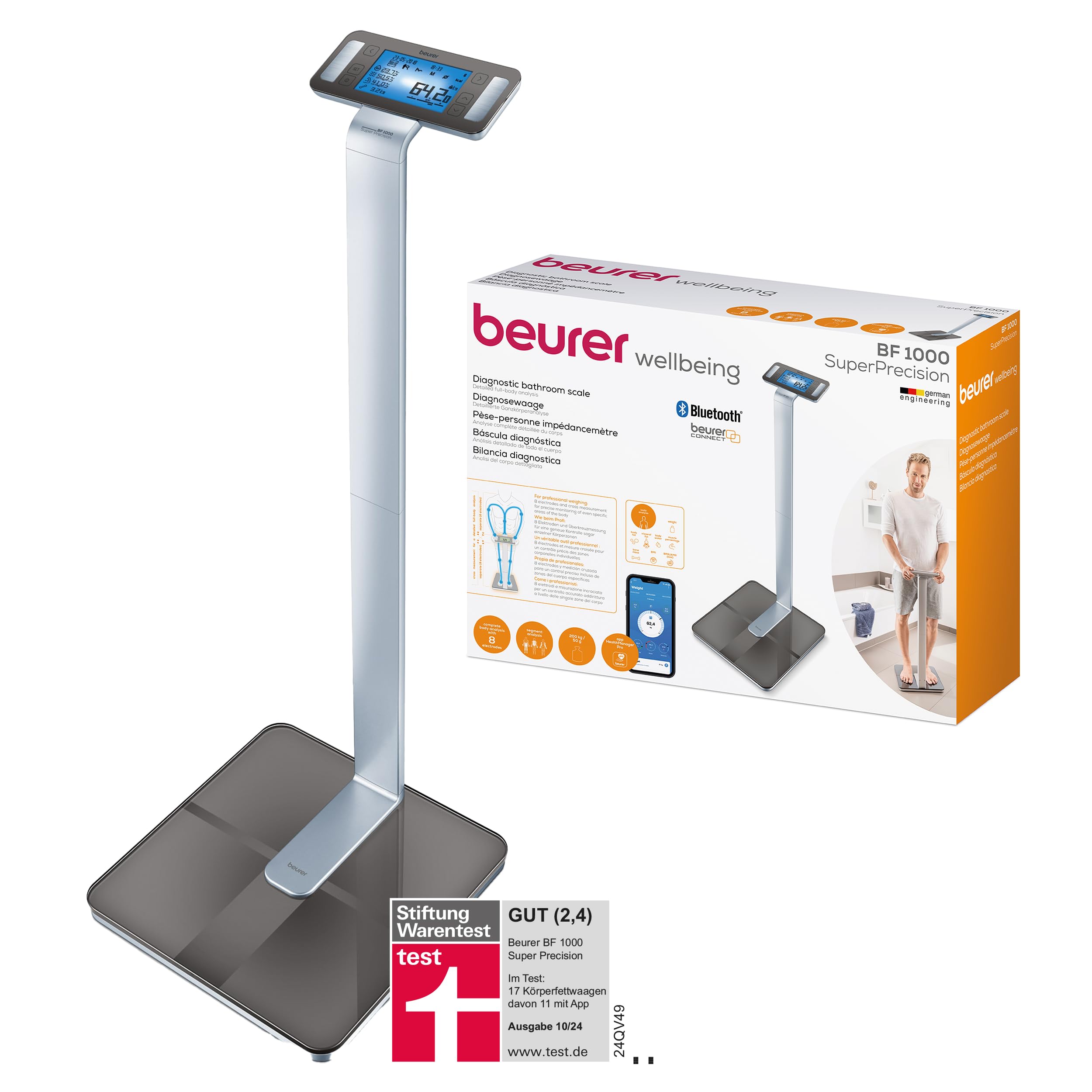 Beurer BF 1000 SuperPrecision Diagnosewaage, präzise Personenwaage zur Ganzkörperanalyse mit App, Messung des viszeralen Fettanteils, separate Darstellung einzelner Körperteile