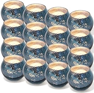 DerBlue 16Pcs Round Mercury Glass Votive Candle Holders for Wedding Centerpieces, Valentines Dinner, Garden Tub and Any Theme Events (Navy Blue)