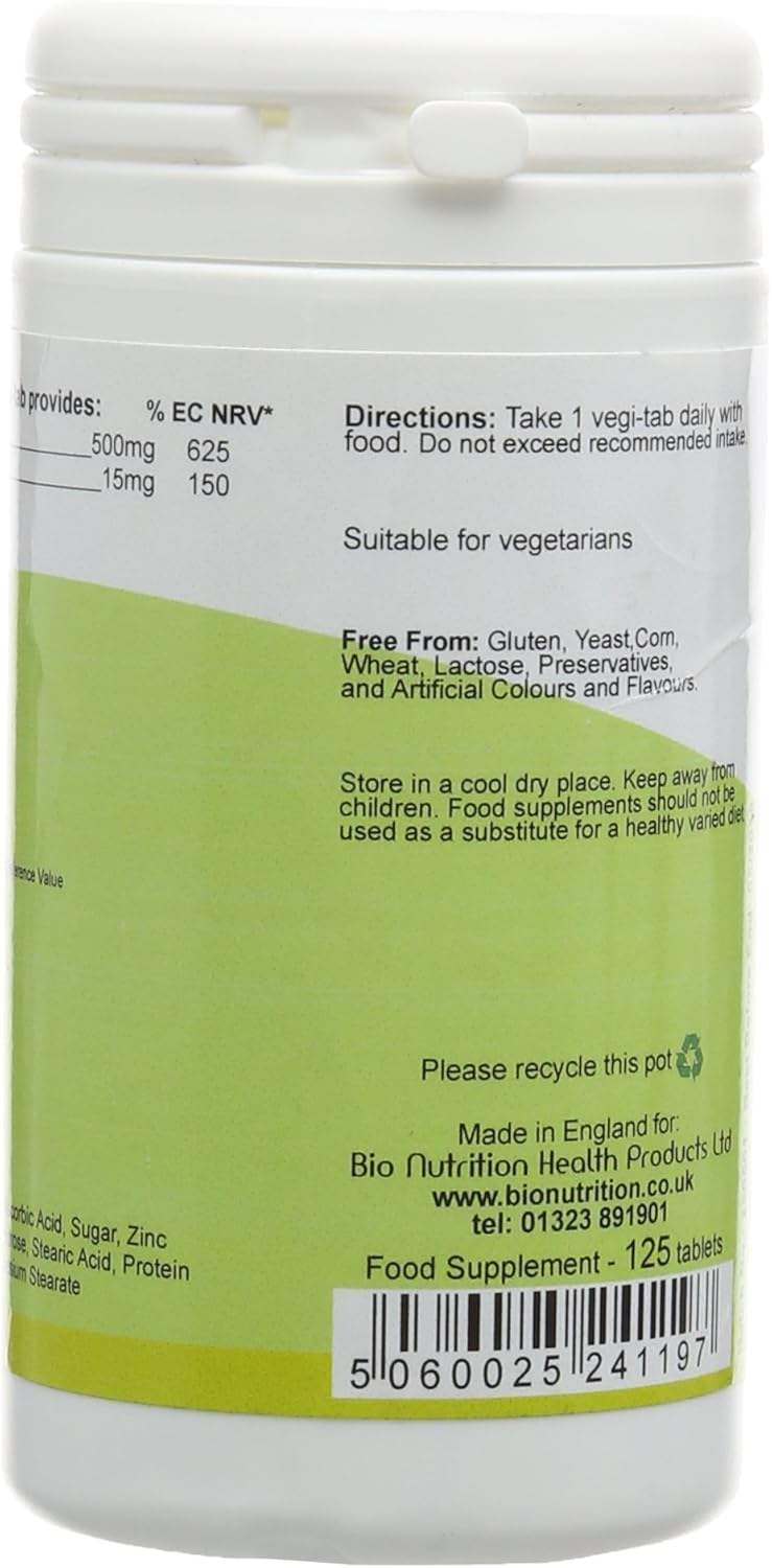 Bio Nutrition Vitamin C 500mg + Zinc 15mg : Antioxidant and Immune Vitamin and Mineral Combination : 125 Vegi Tablets - Image 4
