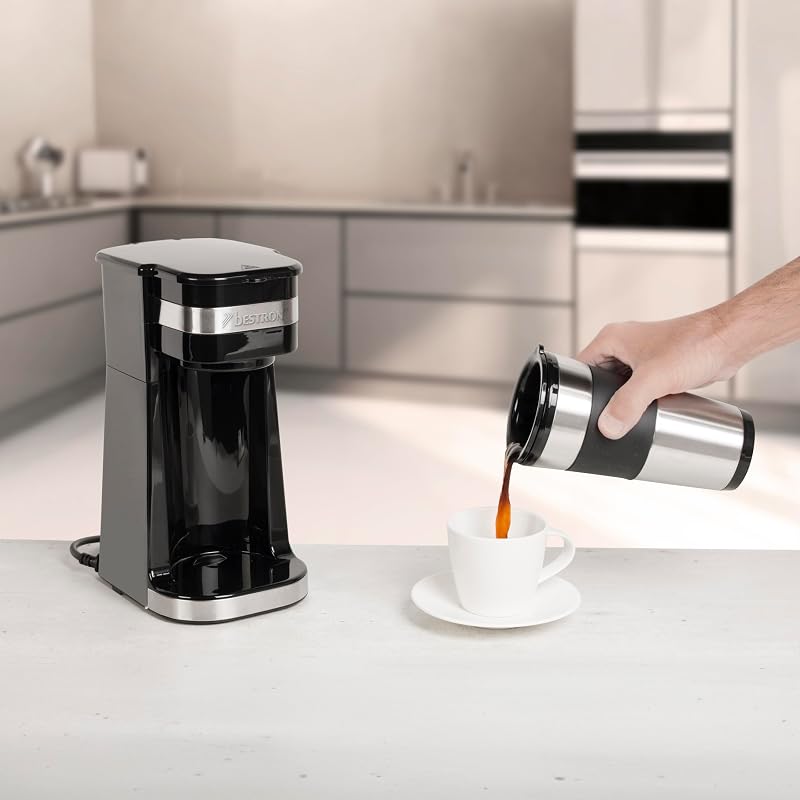 Máquina de café bestron, cafeteira com copo isolado, para café com filtro moído, 2 xícaras grandes, 750 watts, aço inoxidável, 0,42 litros, cor: preto