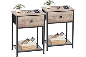 AMHANCIBLE Night Stand Set 2, Bedside Table with Fabric Drawer, Industrial End Tables Living Room with Storage Shelf, Slim Ni