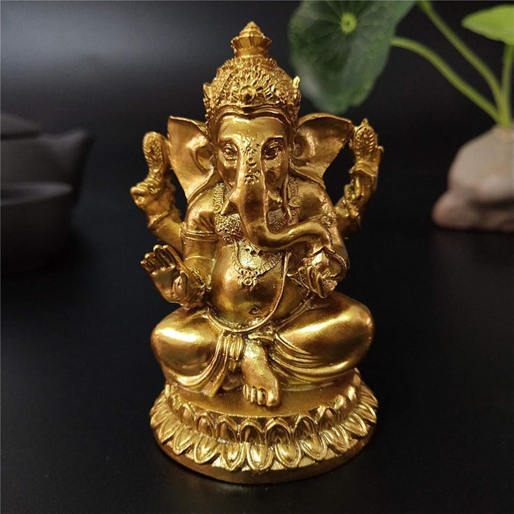 YODOOLTLY Gold Lord Ganesha Statue Hindu Elephant God Resin Sculpture Indian