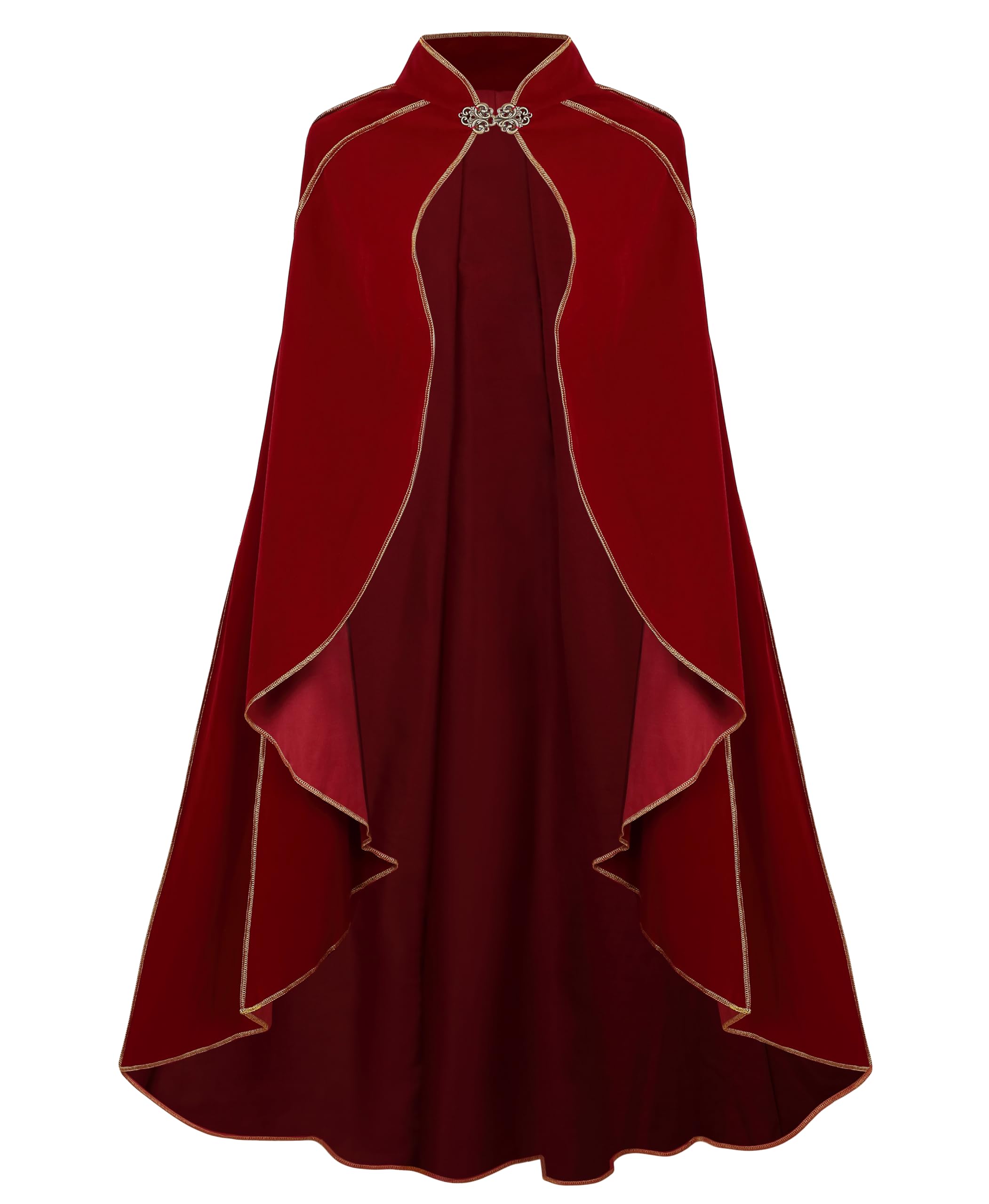 DELIVESS Women's Medieval Renaissance Velvet Cape Stand Collar Gold Trim Cloak for Adults, Halloween Cosplay LARP Party Festival Costume(51.18", Red)
