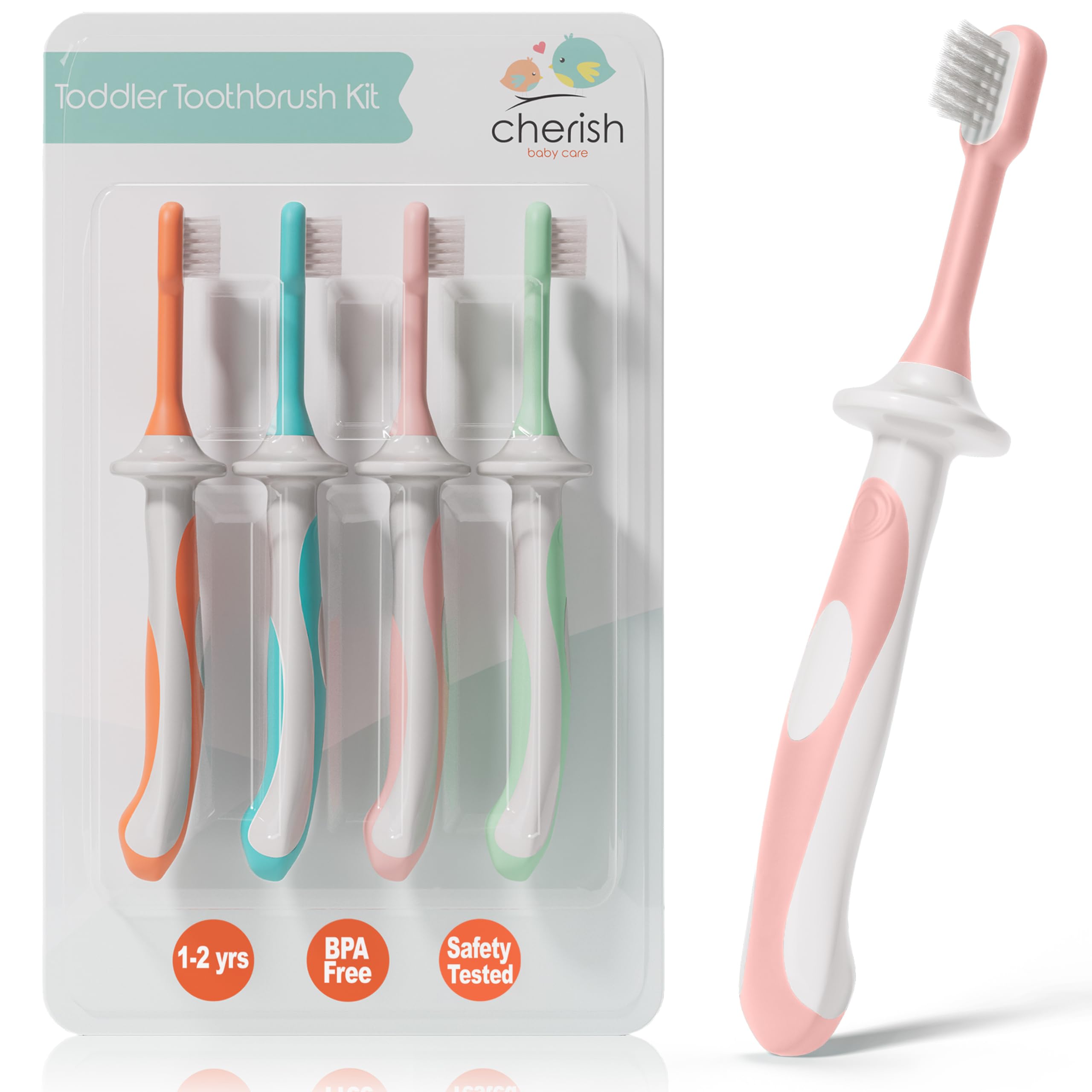 Cherish Baby Care Kids Toothbrush Set (4-Pack) - BPA-Free & Safety-Tested Kids Toothbrush for 1 Year Old, Designed by a Paediatric Dentist, Soft-Grip Toothbrush 1-2 Years (Multi)