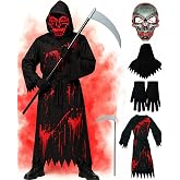 Halloween Costumes for Boys Grim Reaper Costume Kids Inspired Scary Robe with Hood,Ghostface Mask and Sickle Spooky Outfit