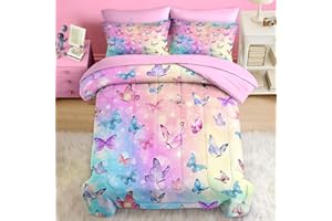 Pamnest Comforter Set Twin Size, Pink Blue Butterfly 5 Pcs Bedding for Kids and Adults, Purple Colorful Rainbow Bed Sheet Sets with Fitted Sheet Pillowcase & Sham for Bedroom Bed Decor