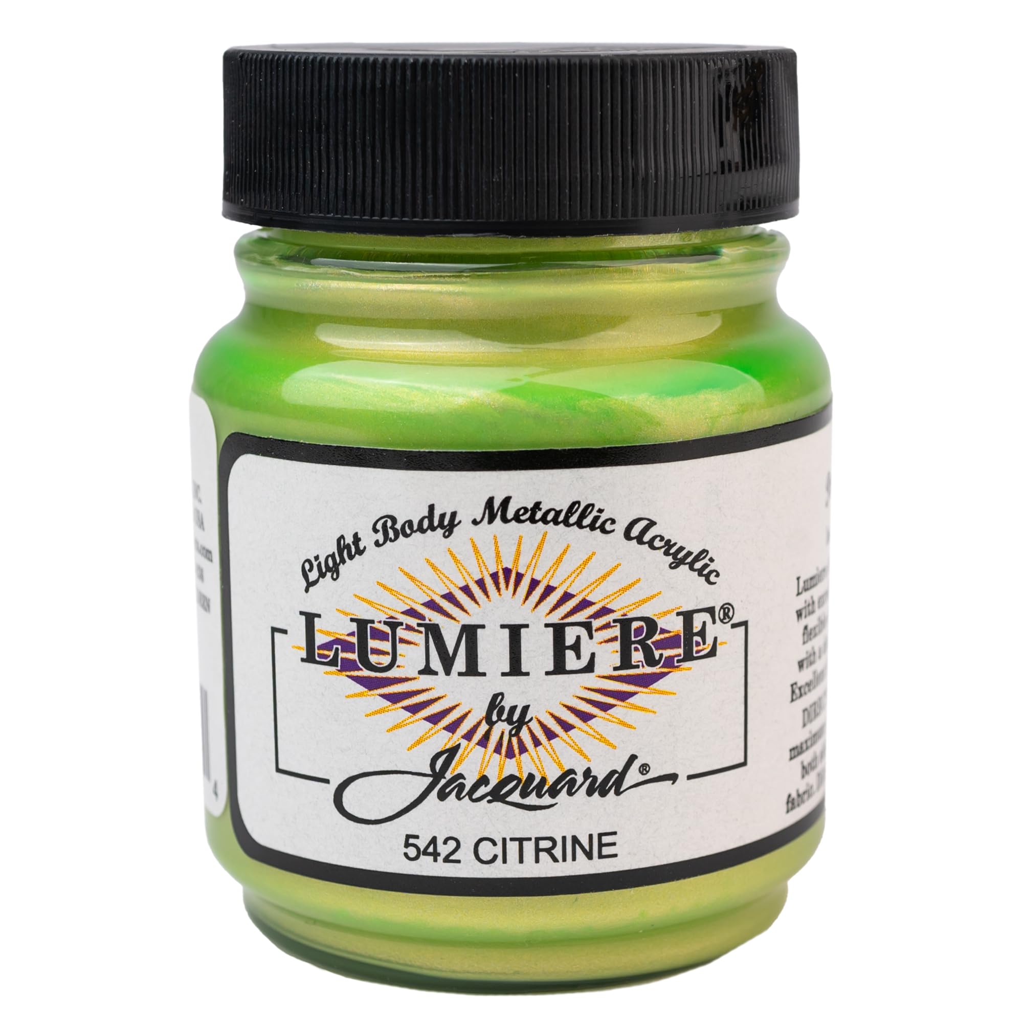 Jacquard Lumiere Metallic Acrylic Paint on Fabric, Leather, Wood, Citrine Yellow, Permanent Shimmering Craft Colour for Artists, Flexible Multi Surface Iridescent Finish, 2.25 oz