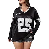 SOLY HUX Women's Y2k Jersey Shirts Oversized Mesh Number Graphic Tees V Neck Long Sleeve Blokette T Shirt Tops