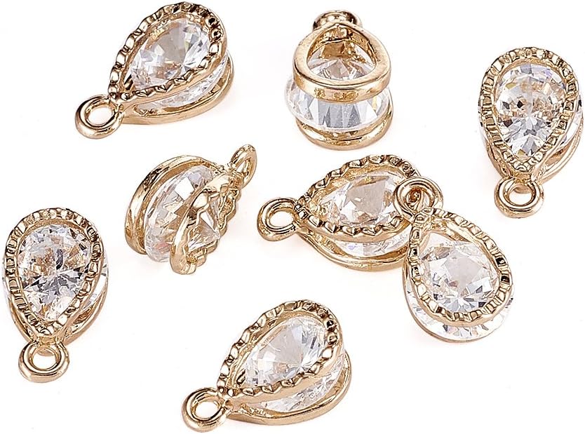 KISSITTY 100-Piece Small Drop Cubic Zirconia Charms with Light Gold Alloy Edge 13x8x6mm
