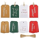 PECULA Christmas Gift Tags 200P, 4 Colors Hang Tags for Labeling 8 Different Types, Elegant Christmas Name Tags with String for DIY, Wrapping, Crafts, New Year, Decoration