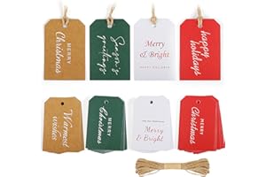 PECULA Christmas Gift Tags 200P, 4 Colors Hang Tags for Labeling 8 Different Types, Elegant Christmas Name Tags with String for DIY, Wrapping, Crafts, New Year, Decoration