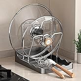 Kitchen Pot Lid Storage Rack, Pot and Pan Organizer with Removable Drip Tray, Two-Compartment Spatula Holder Pot Lid Holder for Counter Stove Top Kitchen