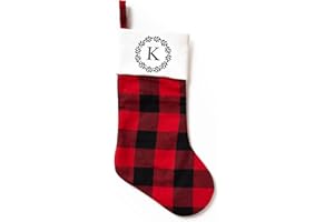 Qualtry Monogrammed Christmas Stockings - Name Stockings for Family, Kids, Adults (Plaid, Wreath Monogram K) - Customized Christmas Holiday Decoration