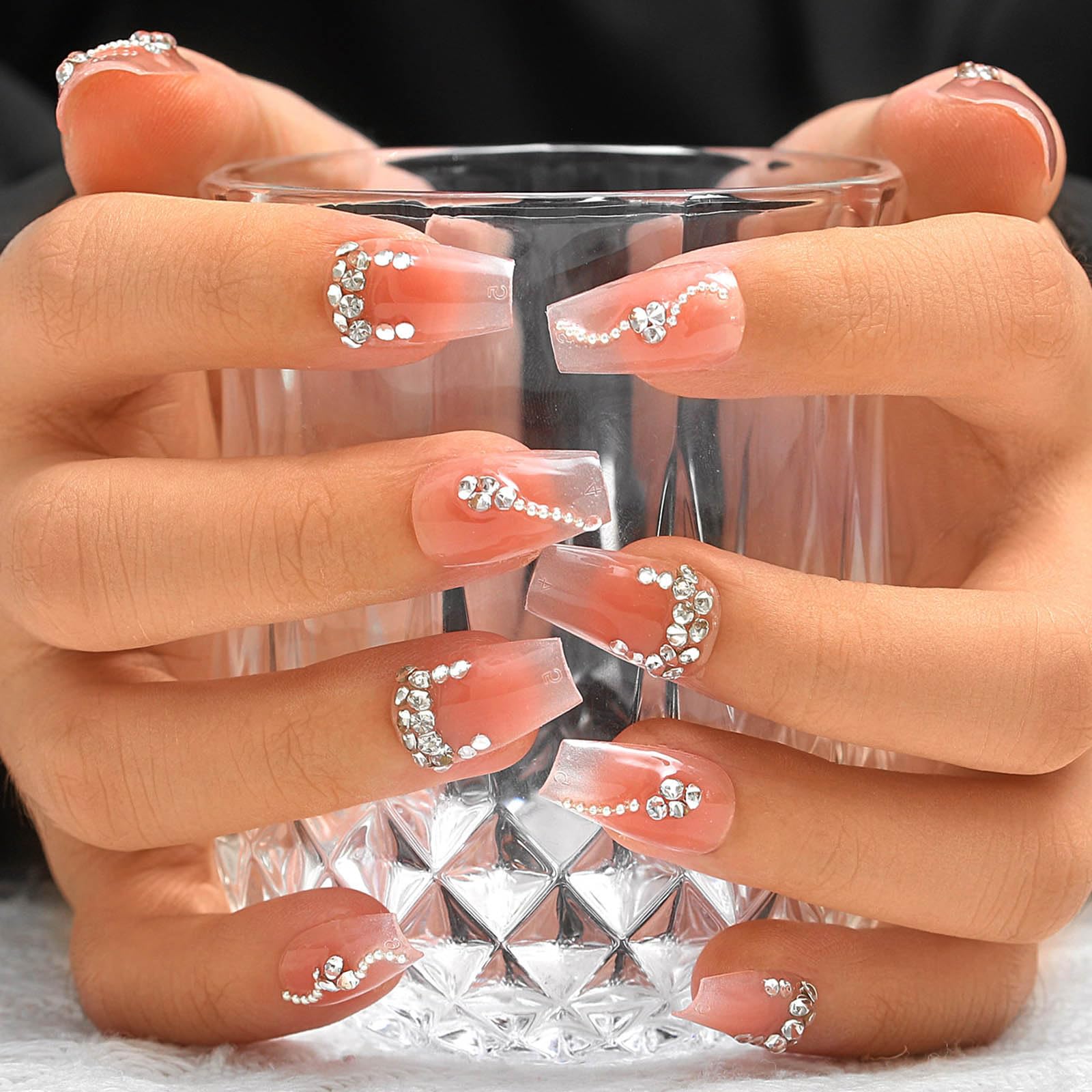 Sethexy Short Coffin Handmade False Nails - Rhinestone, Gradient Press on Nails Women Salon Stick on Nails 10PCS