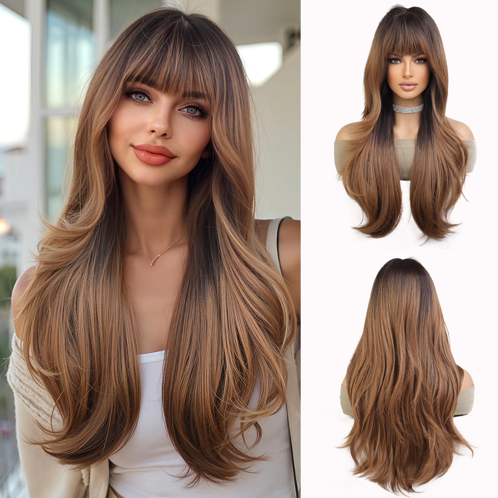 Esmee Long Wavy Ombre Brown Wigs for Women Natuaral Synthetic Hair Wig with Fringe for Daily Party Cosplay Use-24 Inches — image 1
