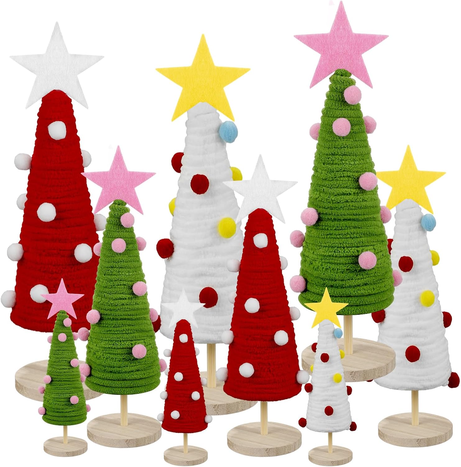 Tree Toppers - Jenaai 9 Pcs Wool Mini Christmas Tree Artificial Wood Christmas Table Decorations with Topper Stars Christmas Home Decor Xmas Ornaments for Holiday Indoor Kitchen Home Wedding 12/9/ 7 Inch