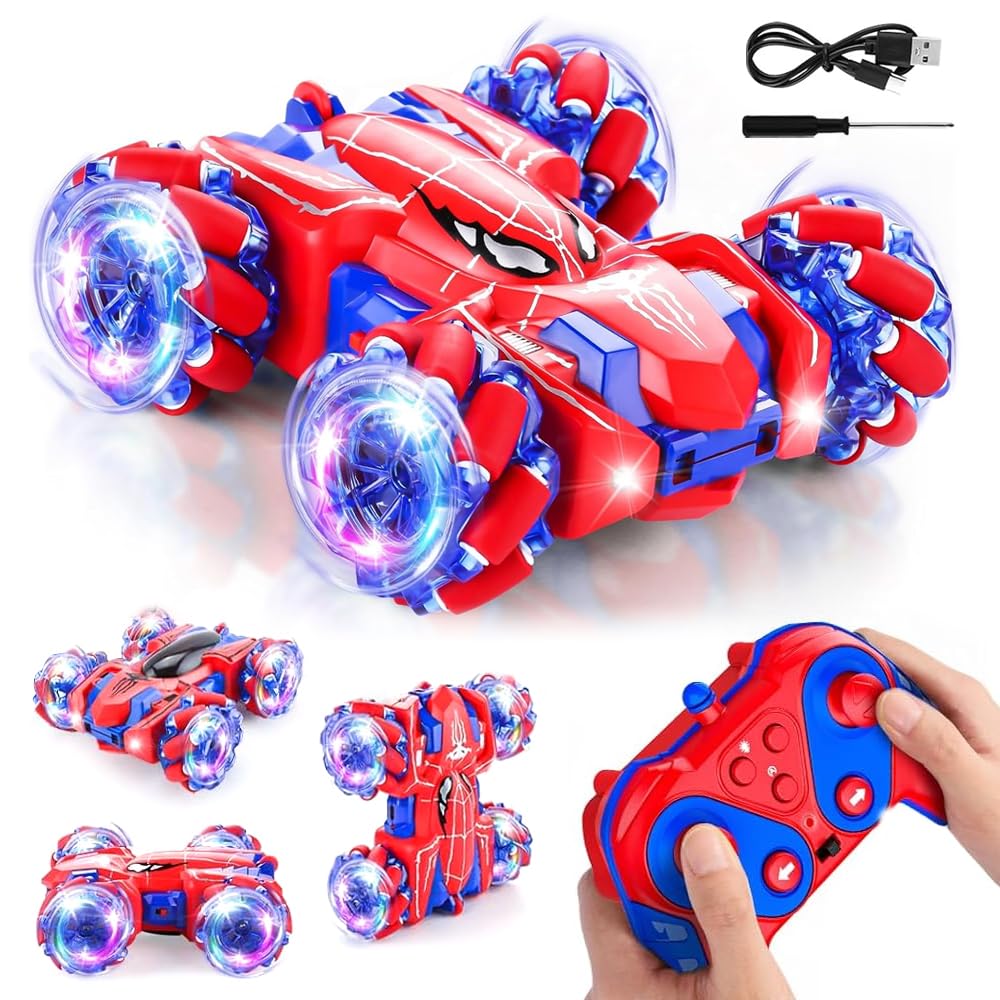 Dhqkqg Remote Control Cars, 360° Flips Double Sided Monster Truck with LED Lights, Type-C Charging RC Cars, Spider Toys Boys Toys for Kids Birthday Presents Outdoor Garden Toy