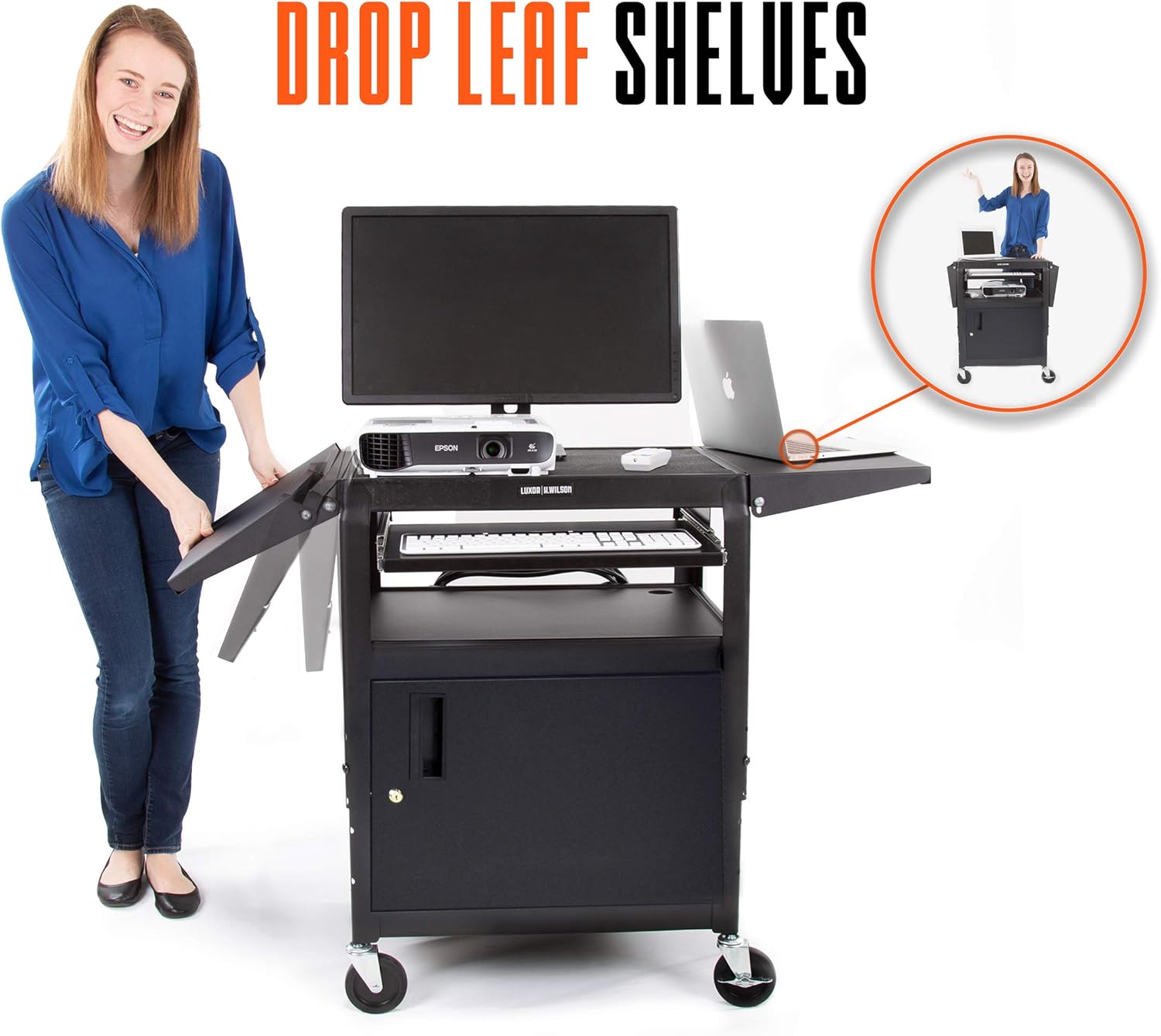 Line Leader AV Cart with Locking Cabinet and Drop Leaves - Height Adjustable Utility Cart with Extra Storage - Power Strip and Cord Management - Great for Presentations (Black / 46 x 18) : Office Products
