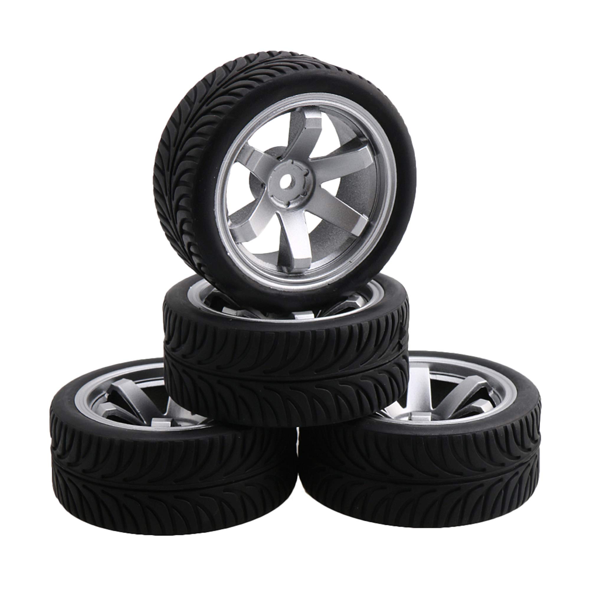 Homeswitch 4PCS RC Wheat Pattern Tire&6 Spoke Wheel Rim replacement for RC1:10 On Road Car Silver