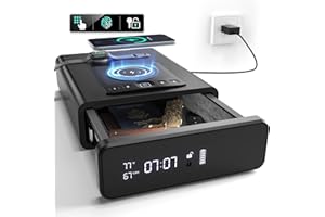 GRIMTRON Biometric Gun Safe for Handgun, 24/7 Display Clock Safes with 2-in-1 Watch & Phone Wireless Charging, Pistol Safe with Backlit Keypad, Handgun Safes with LED Light, Auto Pop-up Unlock