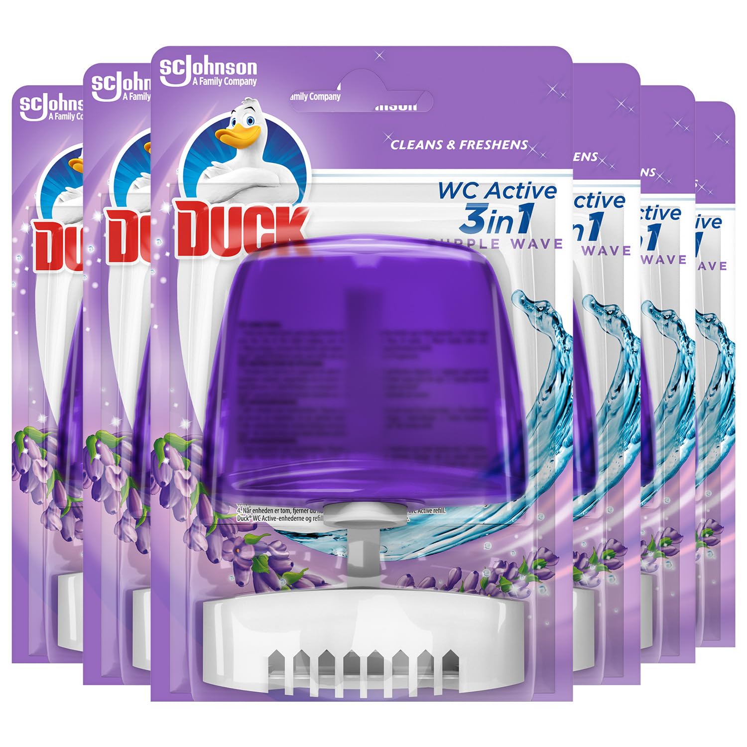 Duck Liquid Toilet Rim Block Holder and Refill Starter Kit, 3-in-1 Toilet Bowl Cleaner, Purple Wave, Pack of 6 (Each Kit Contains 1 x Holder + 1 x 55ml Refill)