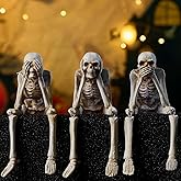HOLIHIFI Halloween Skeleton Decor Indoor Hear See Speak No Evil Skeletons for Mantel Shelf, Set of 3 Resin Funny Skeleton Decorations