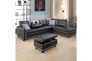 Dyncan 3-Piece L-Shaped Sectional Couch, Faux Leather Upholstered Modular Sofas with Storage Ottoman and Chaise Lounge, Large Button Tufted Living Room Sets w/Foldable Console and Cup Holder (Black)