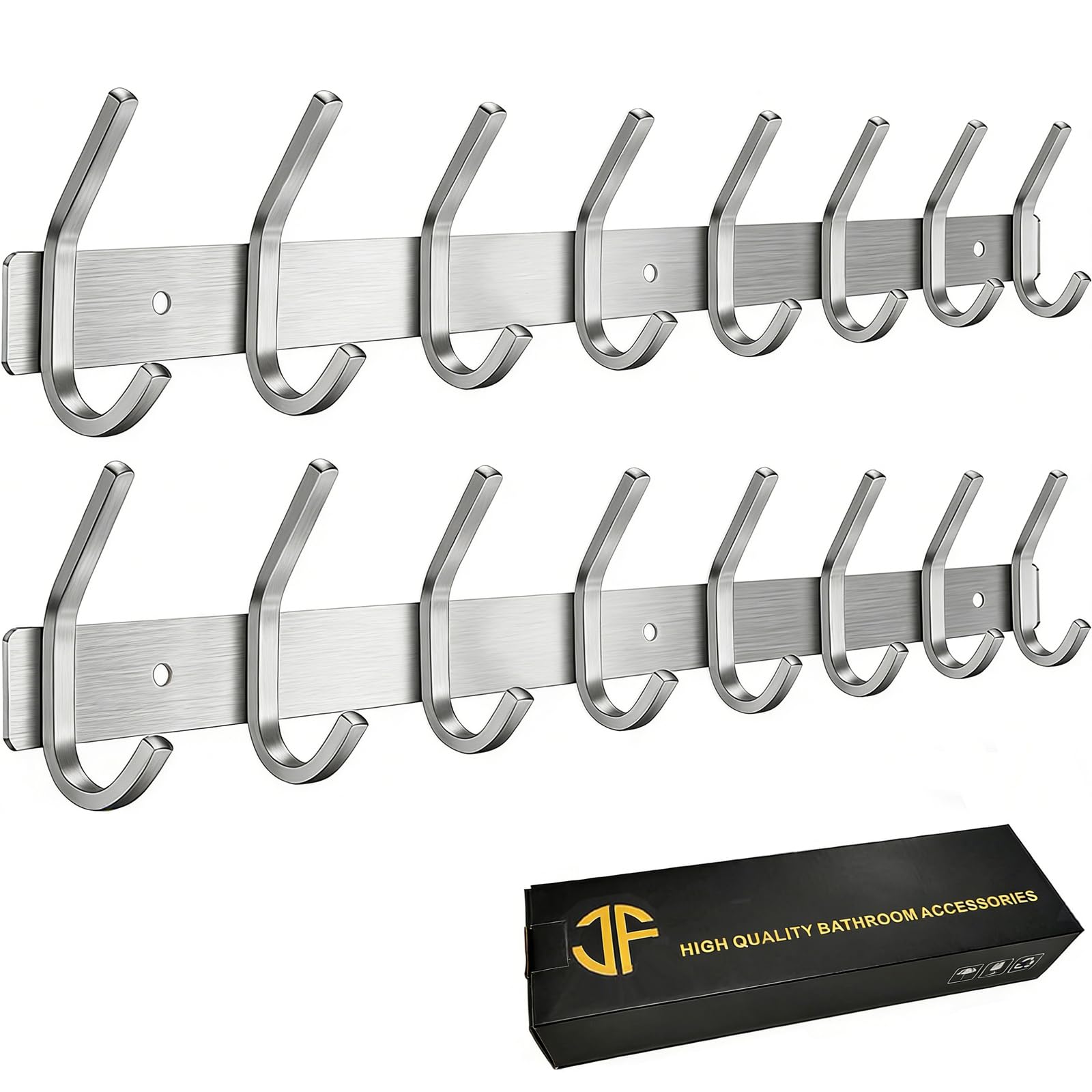 JOLY FANG Hook Rack, Rustproof Stainless Steel Coat Hooks, Brushed Coat Hooks, Wall Coat Rack for Bedroom, Bathroom, Kitchen (Silver, 8 Hooks - 2 Pieces)