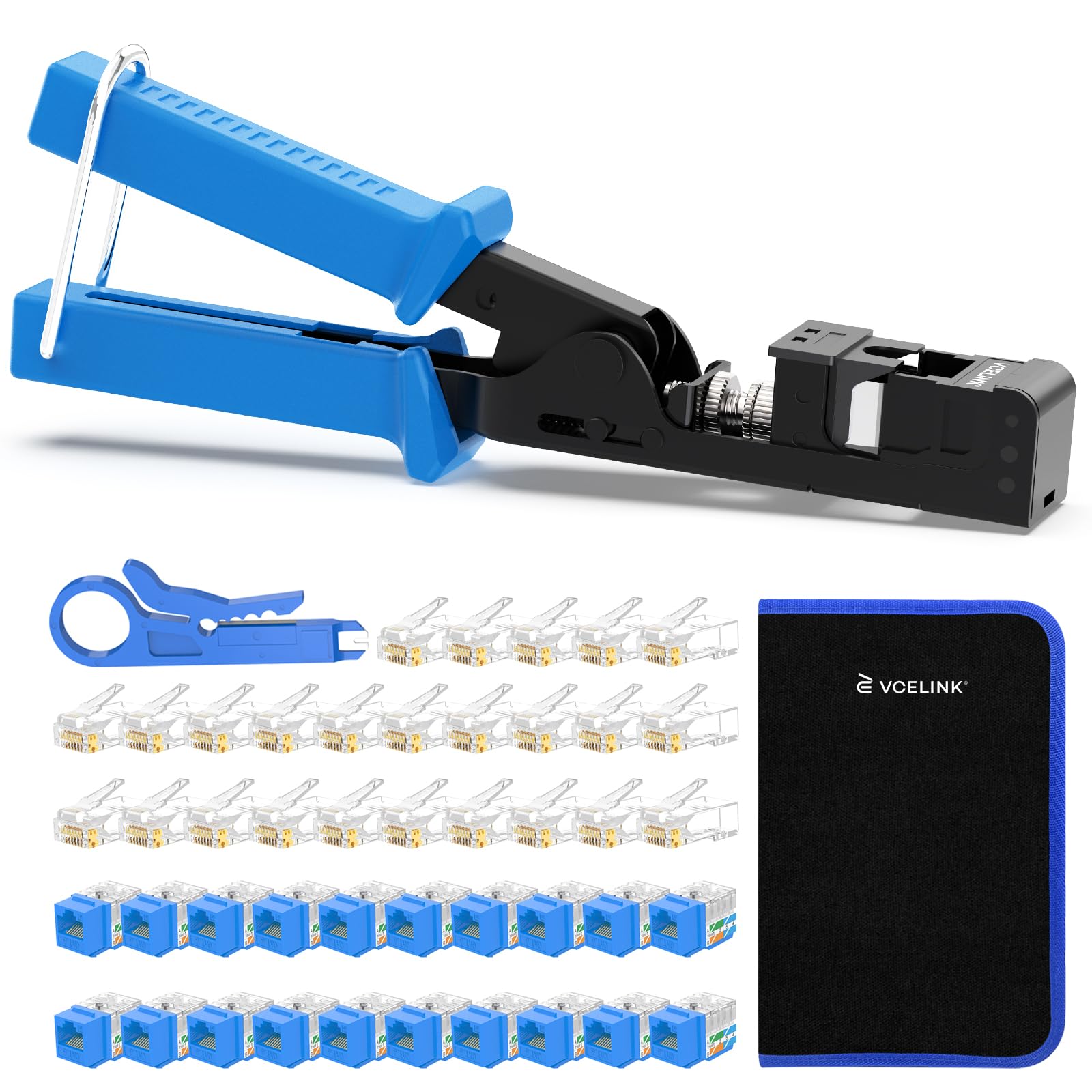 Photo 1 of VCELINK Speed Termination Tool for VCE 90-Degree Keystone Jacks Punch Down Network Tool Kit with 20-Pack CAT6 Keystone Jacks UL-Listed Blue, 25-Pack RJ45 Connectors, 1-Pack Mini Wire Stripper