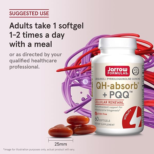 JARROW FORMULAS® QH-ABSORB® + PQQ, DIETARY SUPPLEMENT, ANTIOXIDANT SUPPORT FOR MITOCHONDRIAL BIOGENESIS, CELLULAR ENERGY PRODUCTION AND CARDIOVASCULAR HEALTH, 60 SOFTGELS, 60 DAY SUPPLY