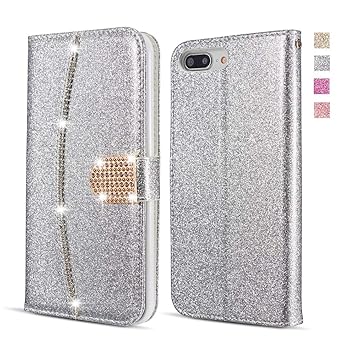 UEEBAI Hülle für iPhone 6 Plus 6S Plus, Premium Glitzer PU Leder Handyhülle mit Diamant Schnalle [Kartenslots][Magnetverschlu