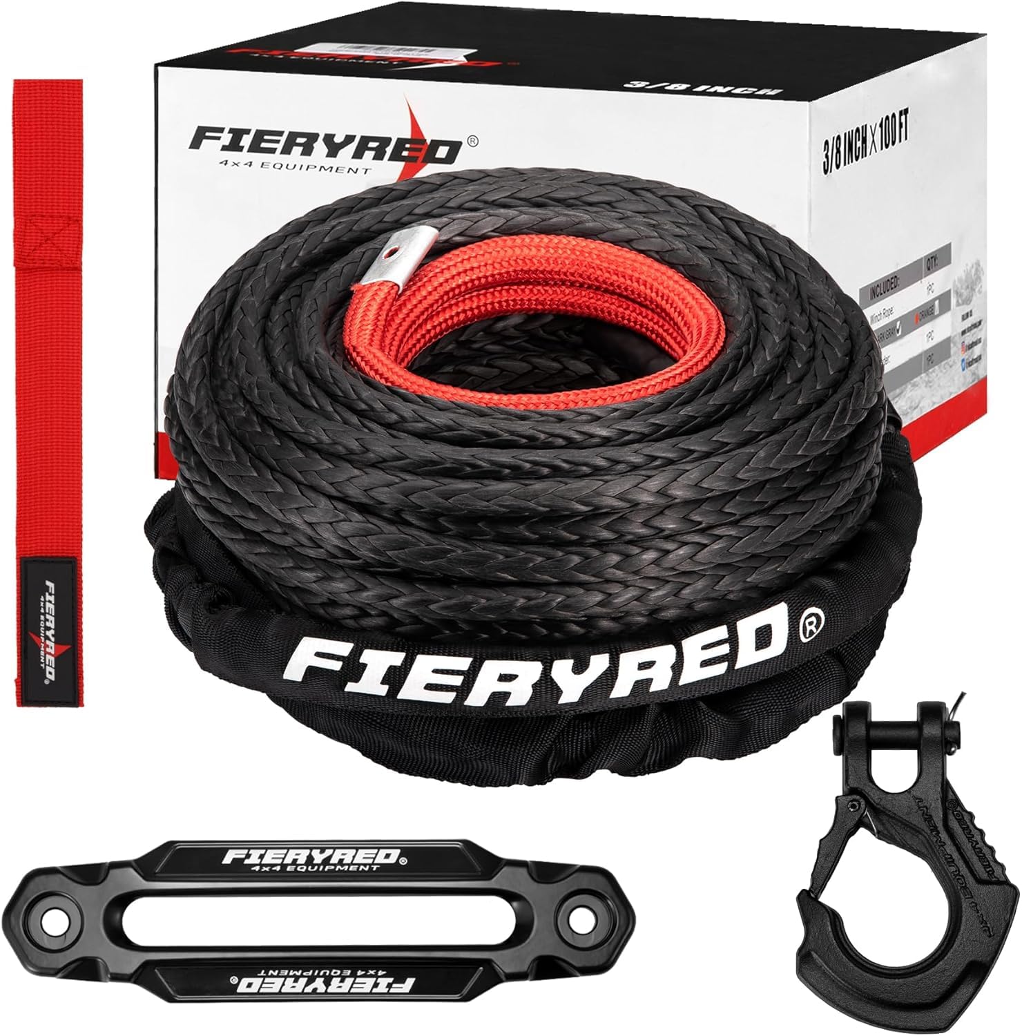 Photo 1 of FIERYRED Synthetic Winch Rope 3/8 Inch100FT 23809Ibs Winch Line Cable Rope with Winch Hook Fairleads for 4WD Off Road Vehicle ATV UTV SUV