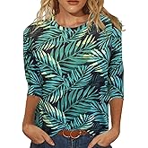 JomeDesign Womens Tops 3/4 Sleeve Shirts Round Neck Loose Casual Blouses Floral Print Tshirts