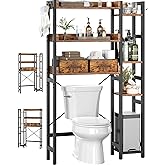 Over The Toilet Storage with 2 Drawers - 7 Tier Bathroom Organizer with Adjustable Shelf, Freestanding Space Saver Storage Rack Above Toilet Stand with 4 Hooks for Restroom, Laundry, Rustic Brown