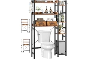 BESIOST Over The Toilet Storage with 2 Drawers - 7 Tier Bathroom Organizer with Adjustable Shelf, Freestanding Space Saver Storage Rack Above Toilet Stand with 4 Hooks for Restroom, Laundry, Rustic Brown
