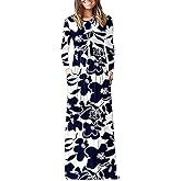 MISFAY Women's Long Sleeve Loose Plain Maxi Dresses Casual Long Dresses Pocket(White Navy Flower,S)