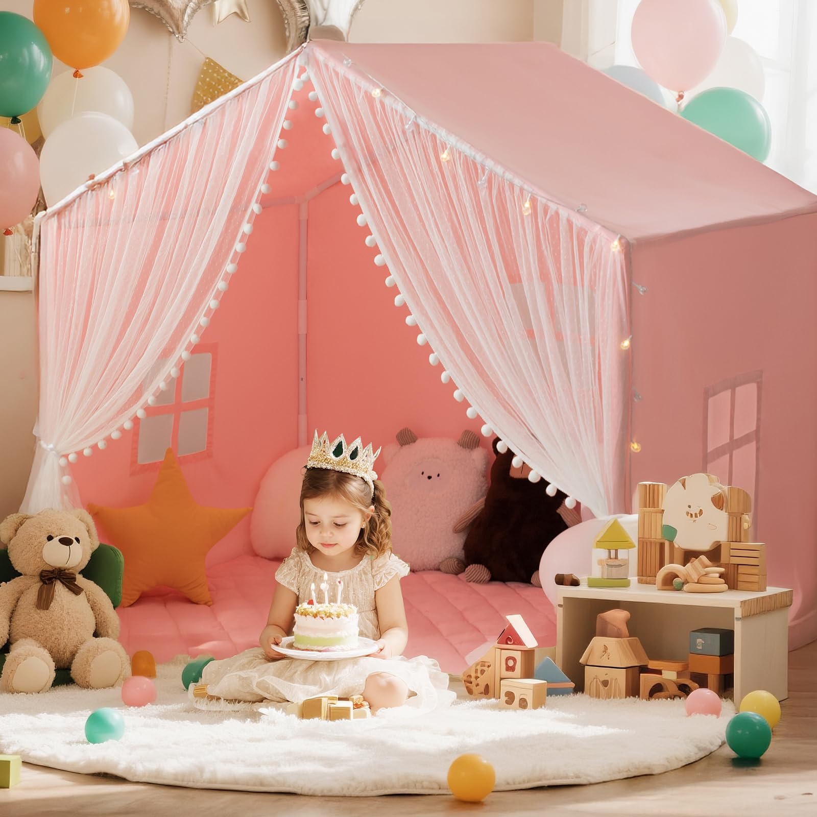 Photo 1 of xiaowantong Large Kids Play Tent, 55.1in Length, Fits 3-4 Children,Indoor Playhouse for Kids, with Padded Mat and Lights, Bed Tent for Toddler, Birthday for Boys Girls